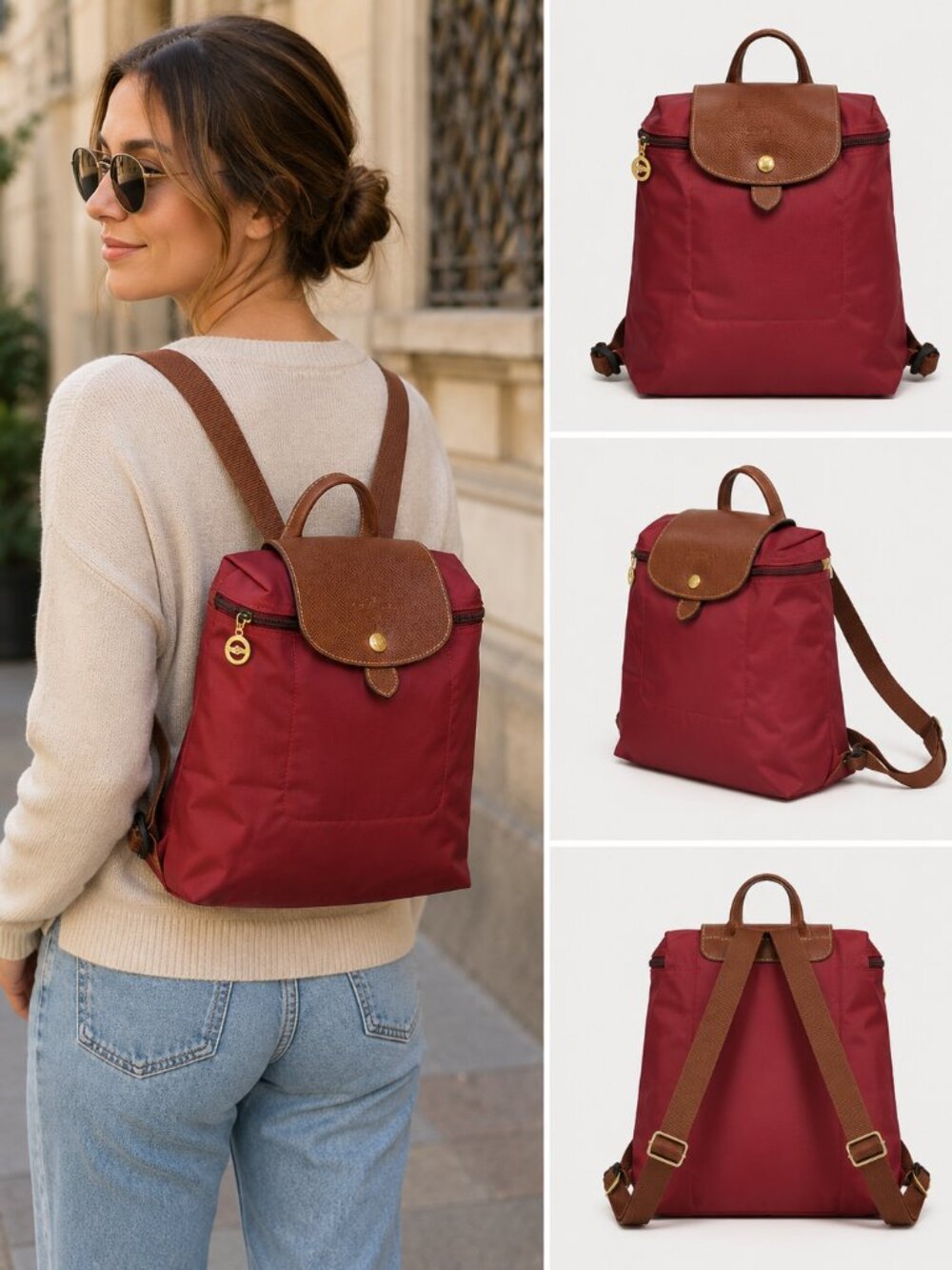Longchamp Le Pliage Backpack Red Nylon Cowhide Leather Foldable Bag for Travel
